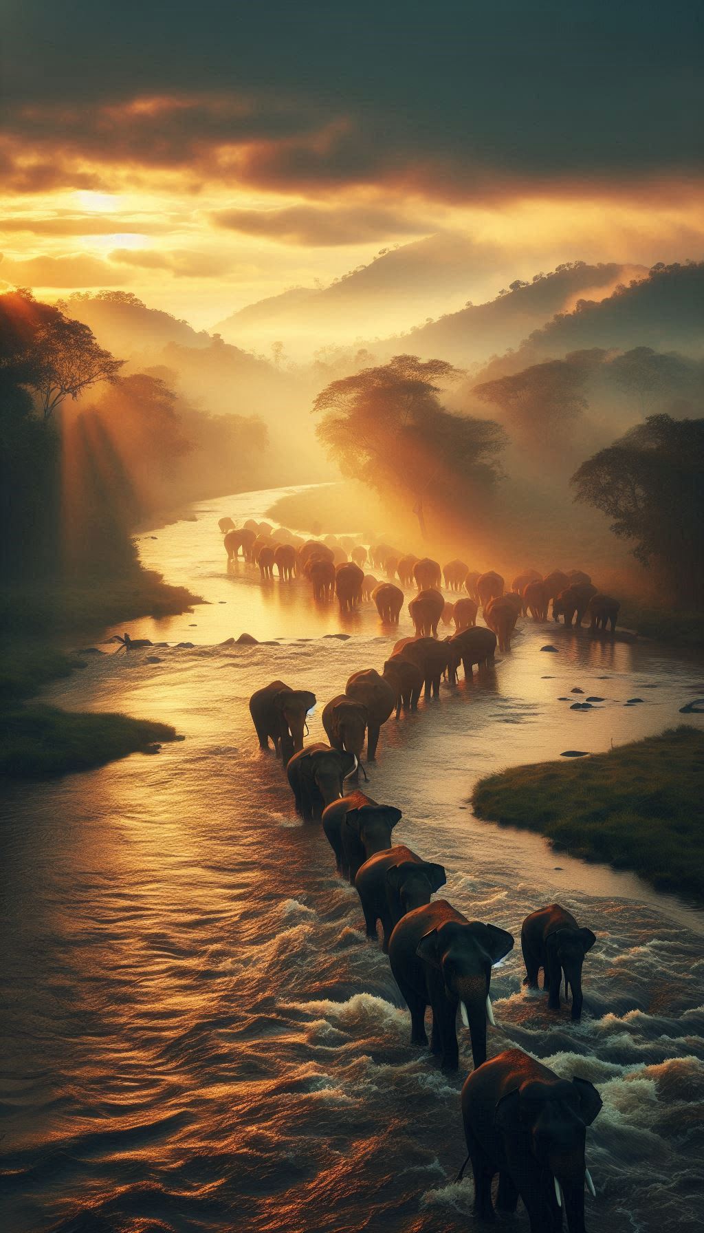 Dramatic line of elephants crossing the river at sunrise, image for your phone