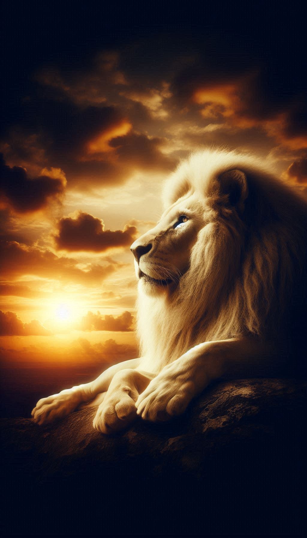 Dramatic photo of a white lion in front of a golden sunset wallpaper on mobile
