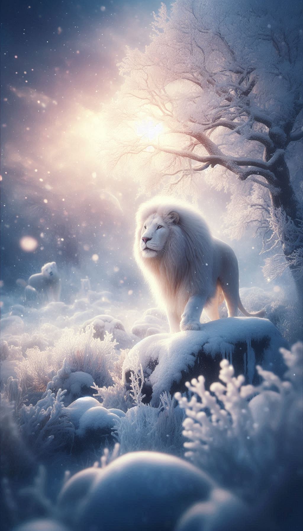Dreamy Wallpaper of a White Lion Walking Through a Snowy Terrain