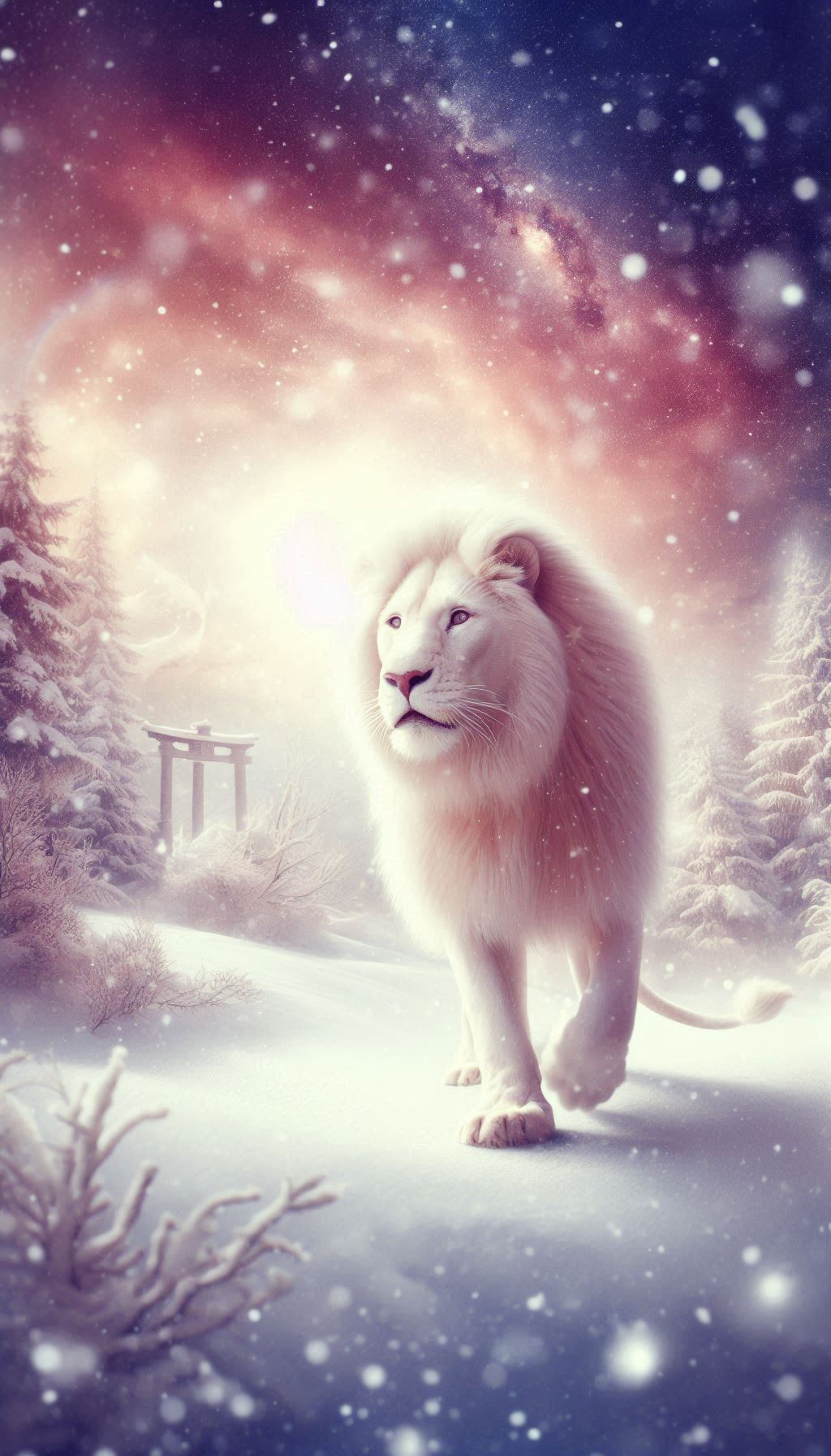 Dreamy white lion roaming in snowy terrain background wallpaper for your mobile