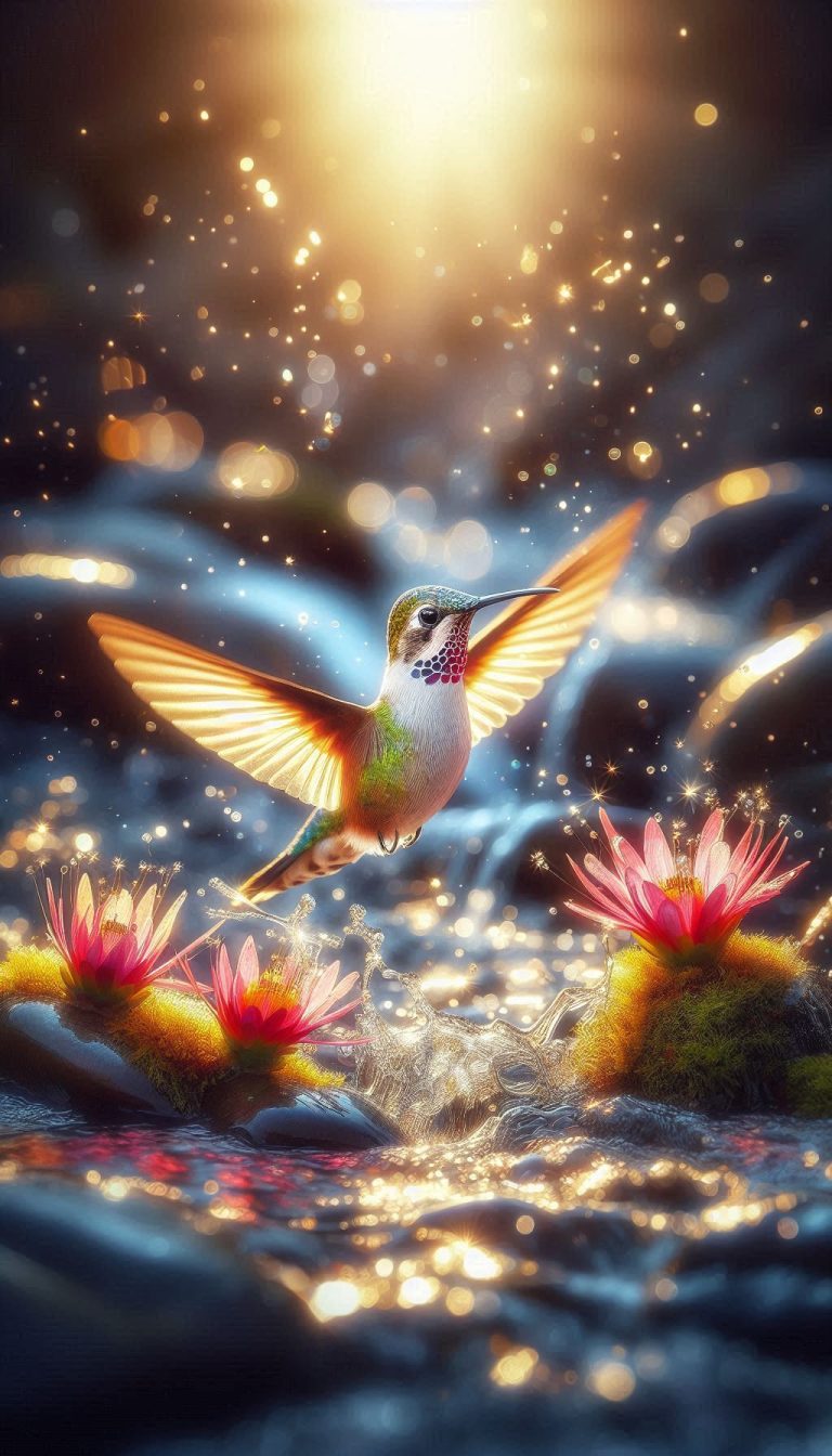 Dynamic Scene of a Calliope Hummingbird Hovering Over a Sparkling Stream