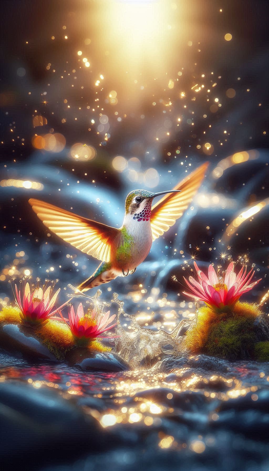Dynamic Scene of a Calliope Hummingbird Hovering Over a Sparkling Stream