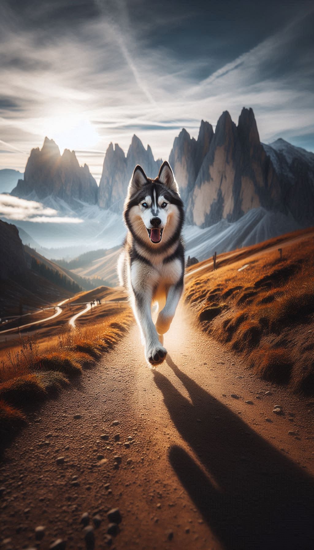 Dynamic Shot of a Husky Running Along a Mountain Trail