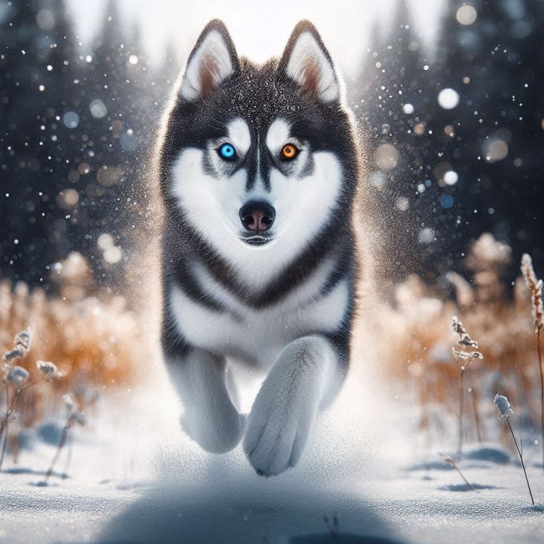 Dynamic Siberian Husky with unique colored eyes running in snowy field Wallpaper for all smartphones