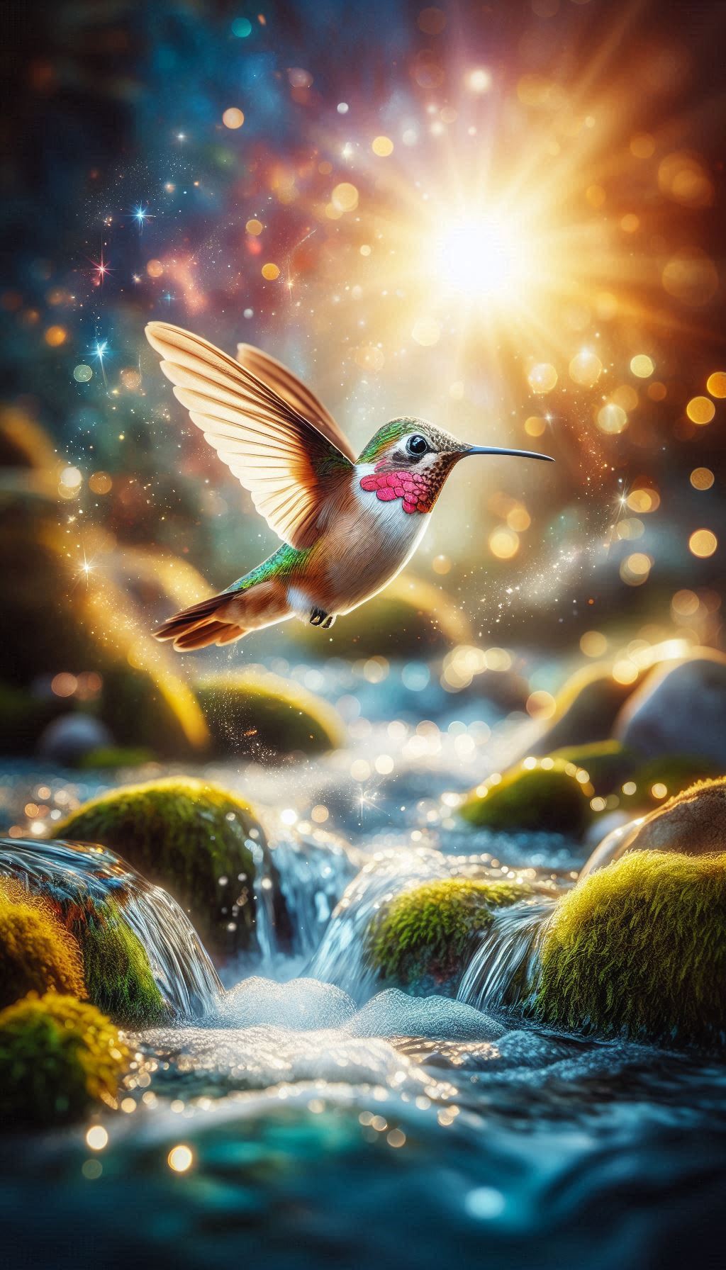 Dynamic view of a Calliope hummingbird hovering over a sparkling stream, free mobile wallpaper