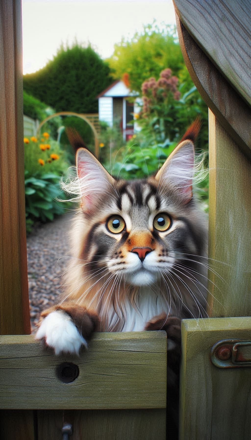 E figue d'un curioso gatto Maine Coon ch'o l'ammia pe-o portâ do giardin pe-o seu mòbile.