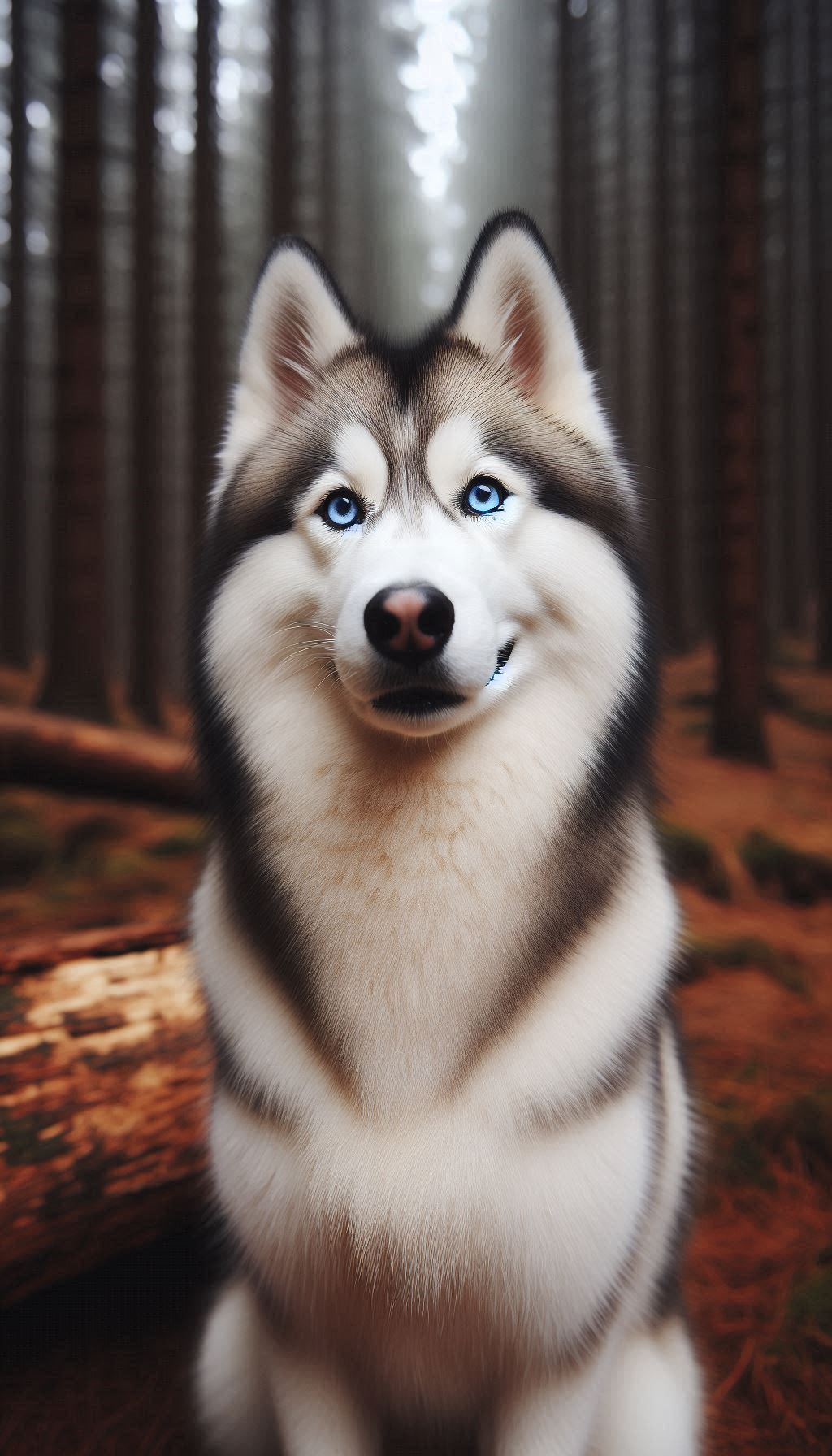 Elegant Blue-Eyed Husky Posing Against a Forest Backdrop