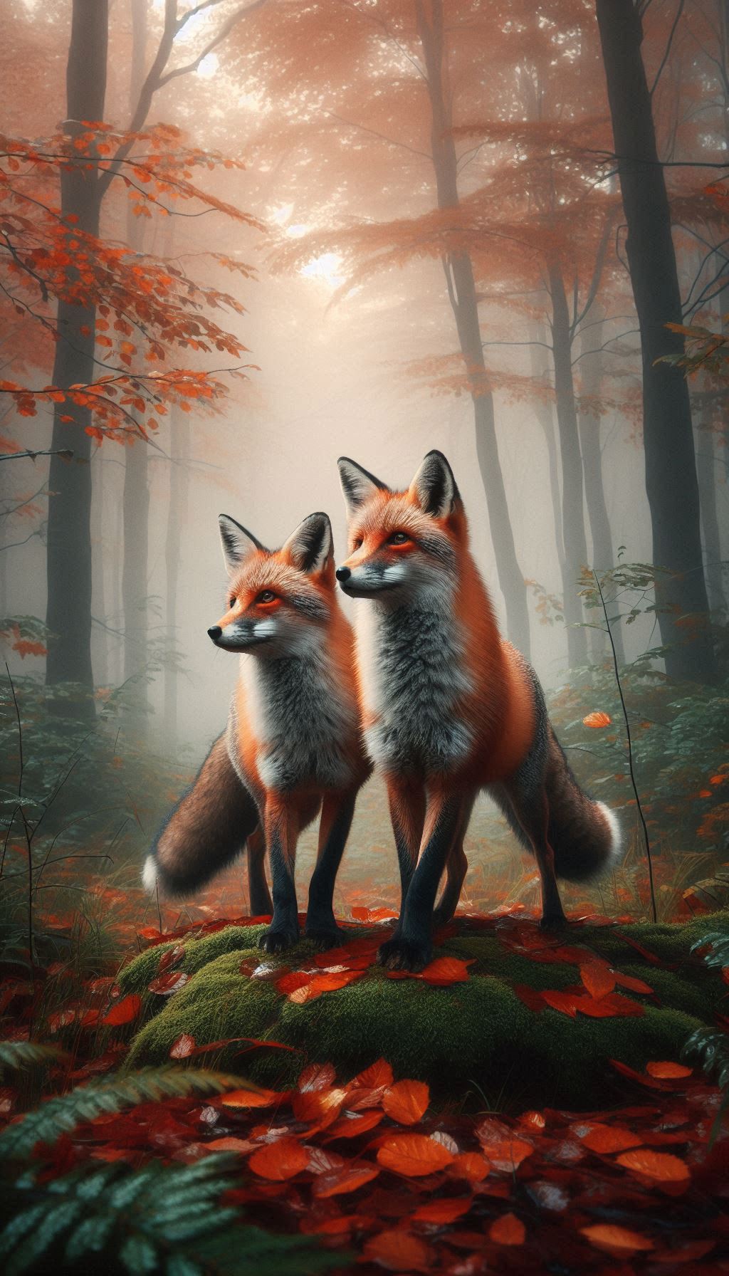 Elegant Fox Couple Strolling Through a Misty Woods