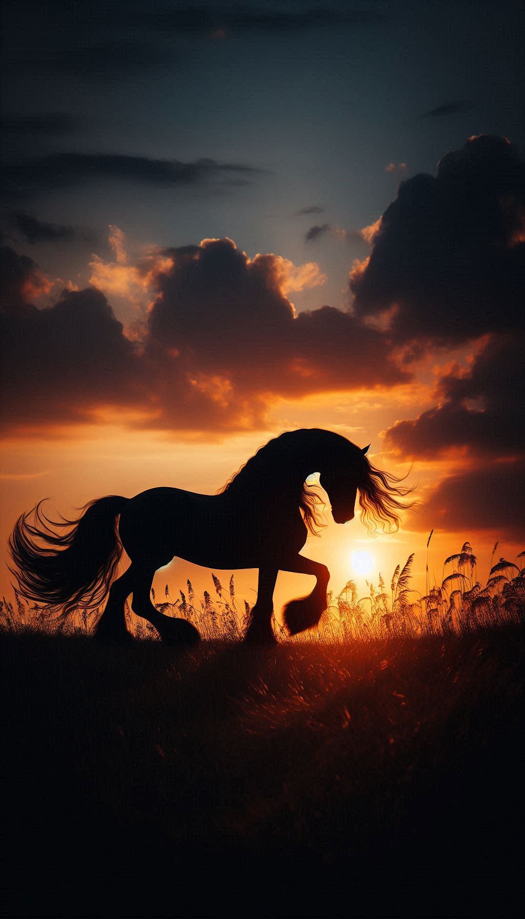 Elegant Friesian Horse Silhouette Against a Sunset Backgroun