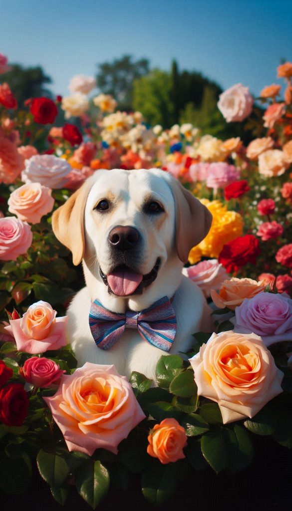 Elegant Labrador Surrounded by Colorful Roses on a Sunny Day