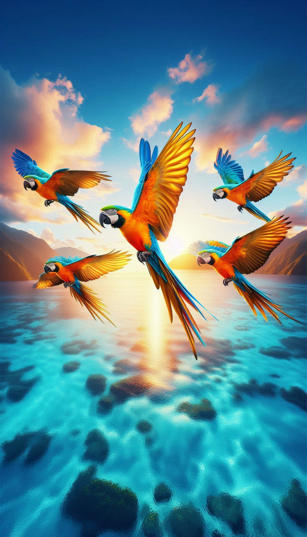Elegant Macaw Parrots in flight over a crystal clear ocean background