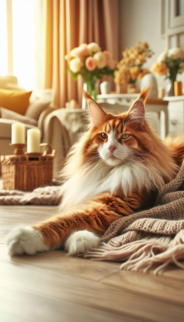 Elegant Maine Coon Cat Stretching in a Warm Living Room