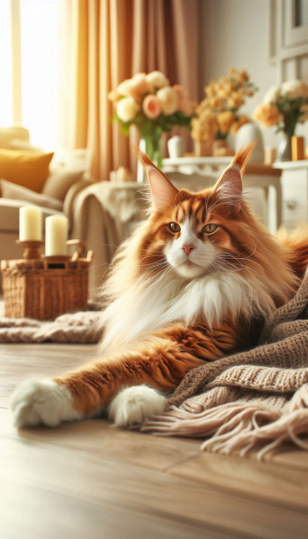 Elegant Maine Coon Cat Stretching in a Warm Living Room