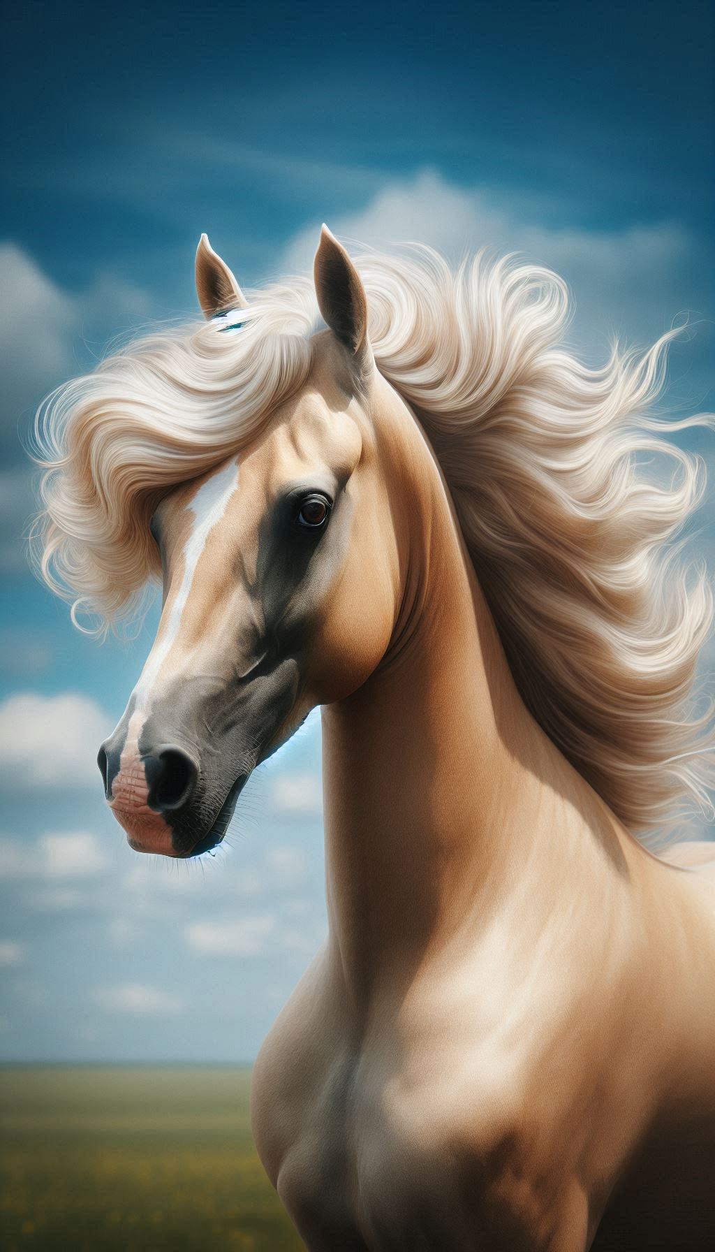 Elegant Palomino Horse with Flowing Mane Against a Blue Sky