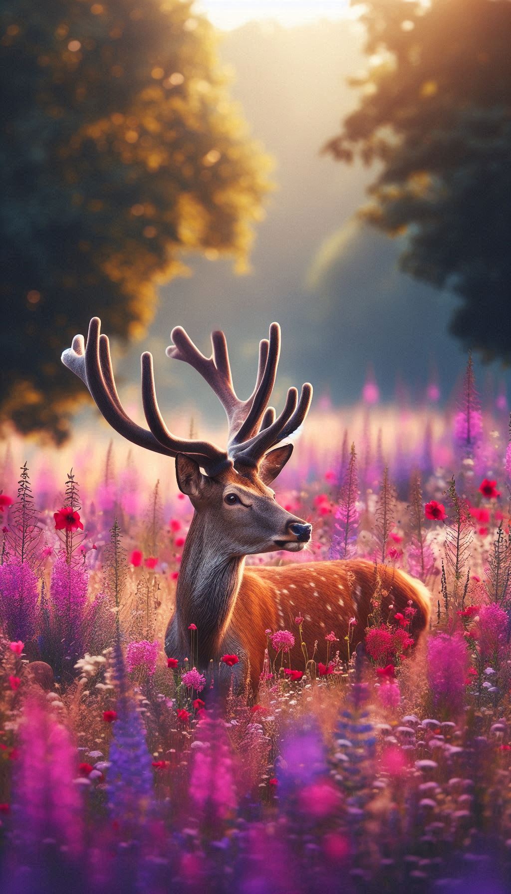 Elegant Red Deer in a Flowering Wildflower Field