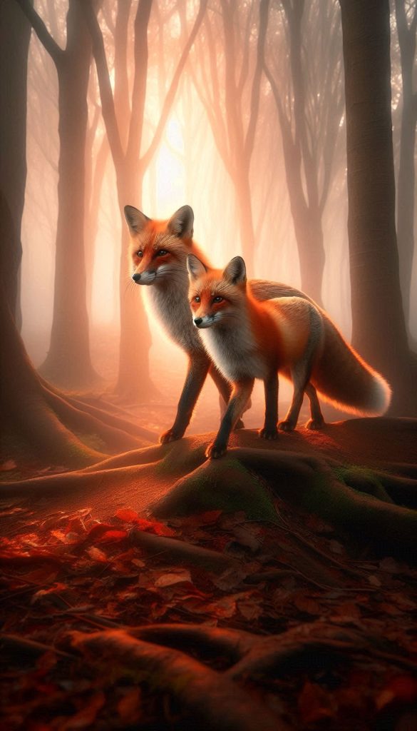 Elegant fox couple moving around in a misty forest background for Android