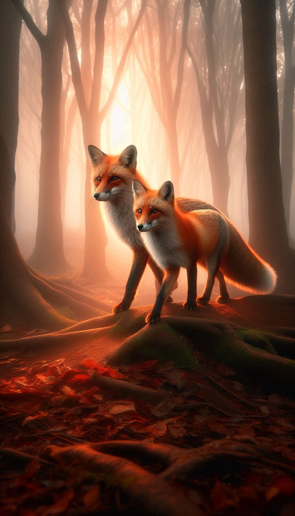 Elegant fox couple moving around in a misty forest background for Android