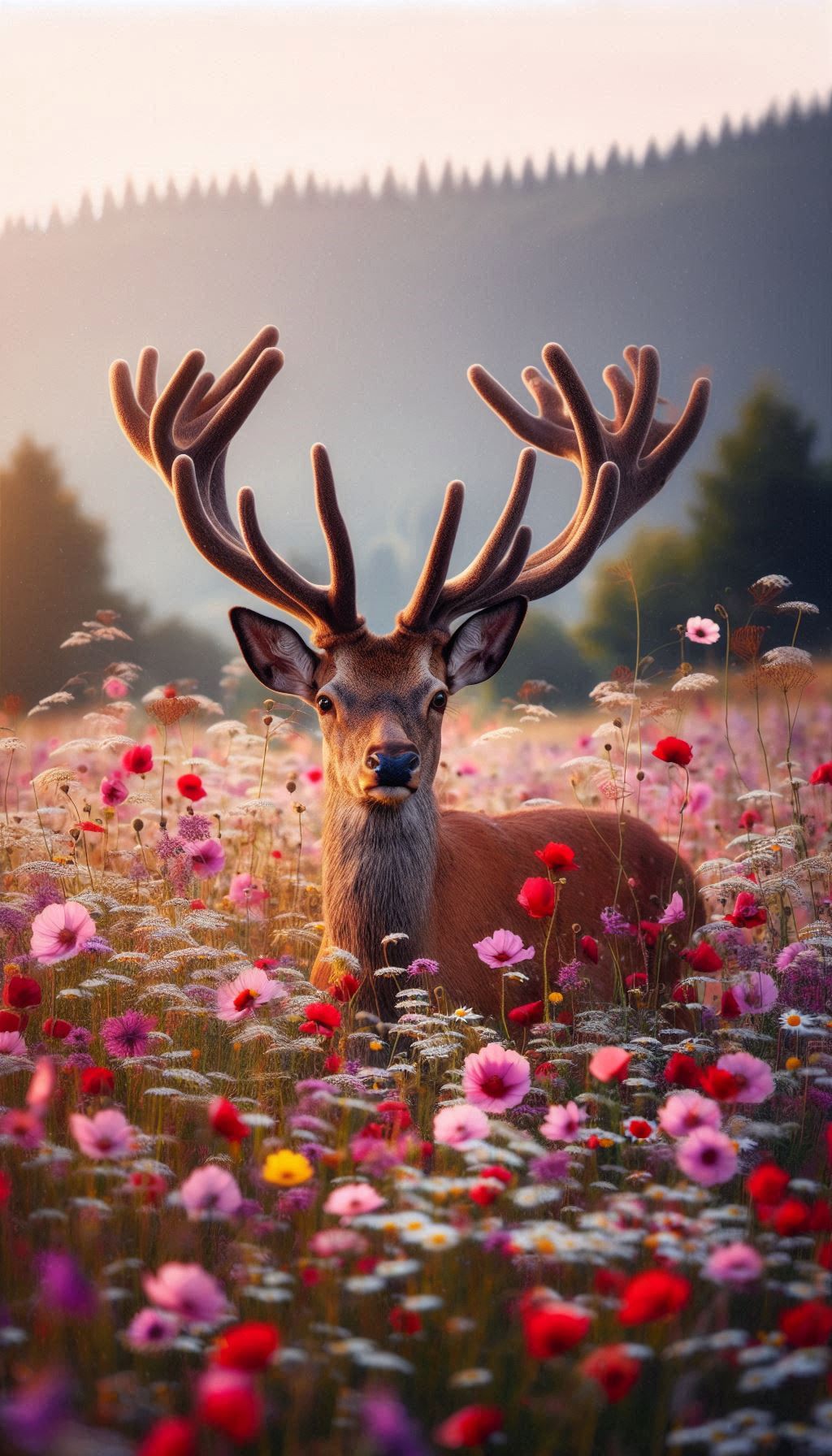 Elegant red deer in field of flowering wildflowers wallpaper for Android and iPhone