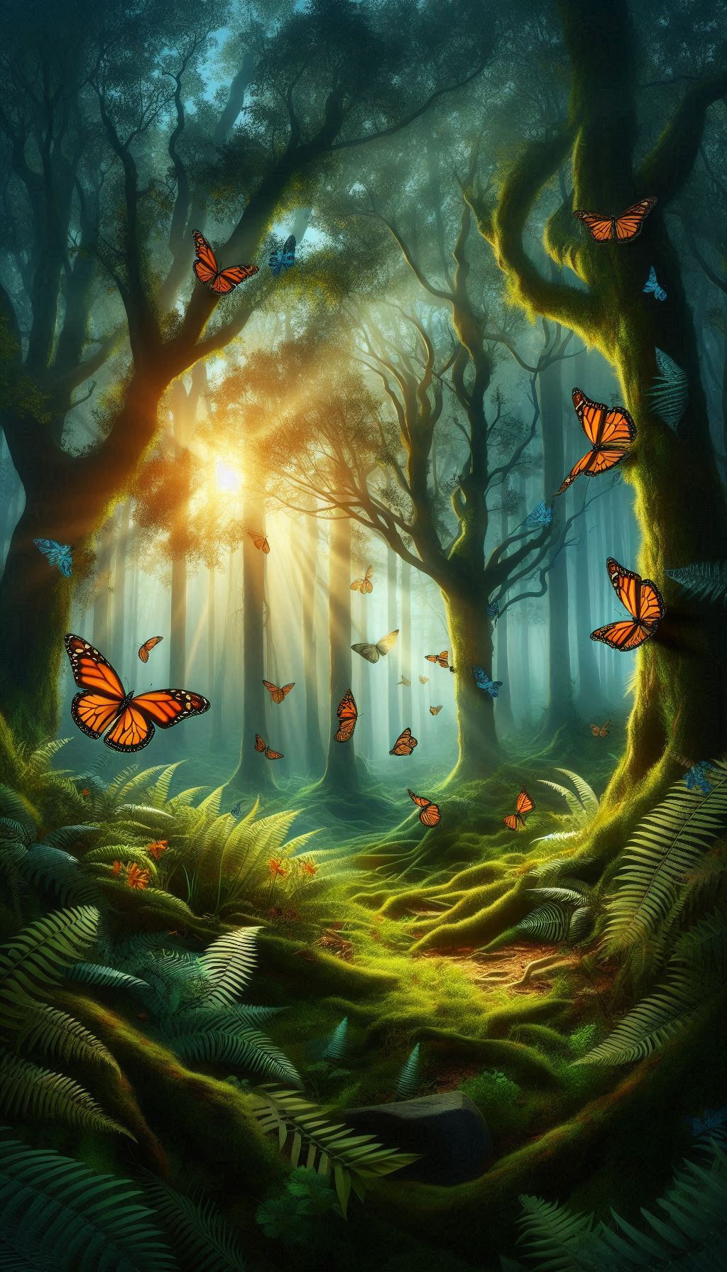 Enchanting Forest Scene with Monarch Butterflies Amidst the Trees Wallpaper