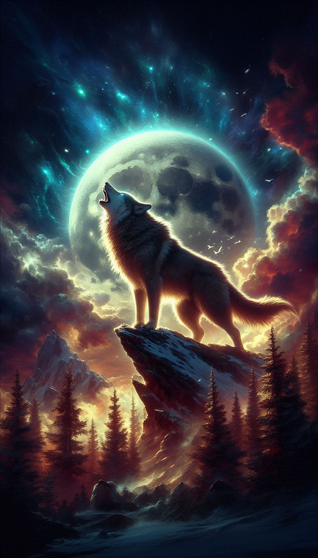Epic Wolf Staring At The Moon Dramatic Night Wallpaper for Your Smartphone
