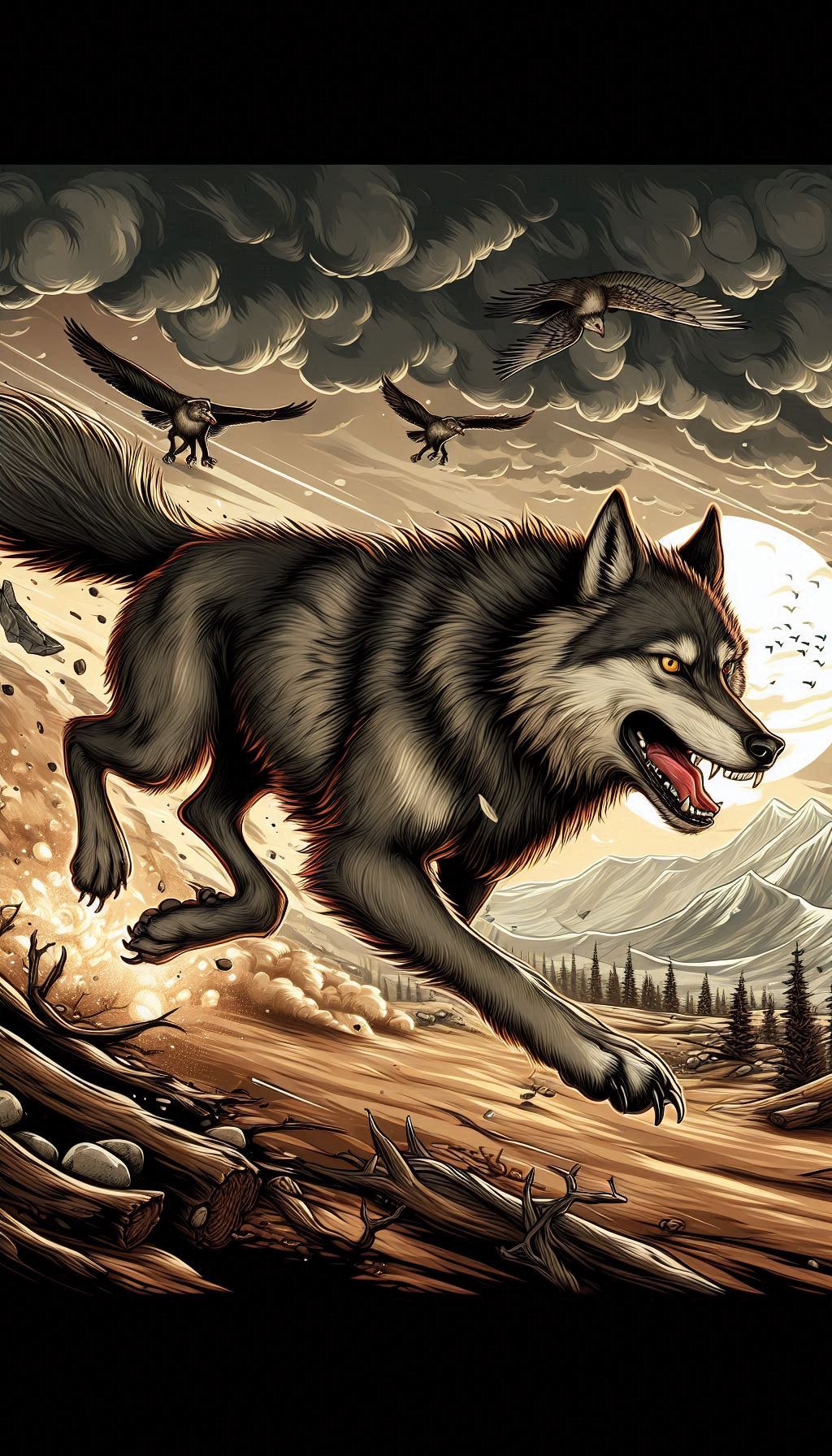Fast-moving dynamic action scene illustration for Android. Wolf in background.