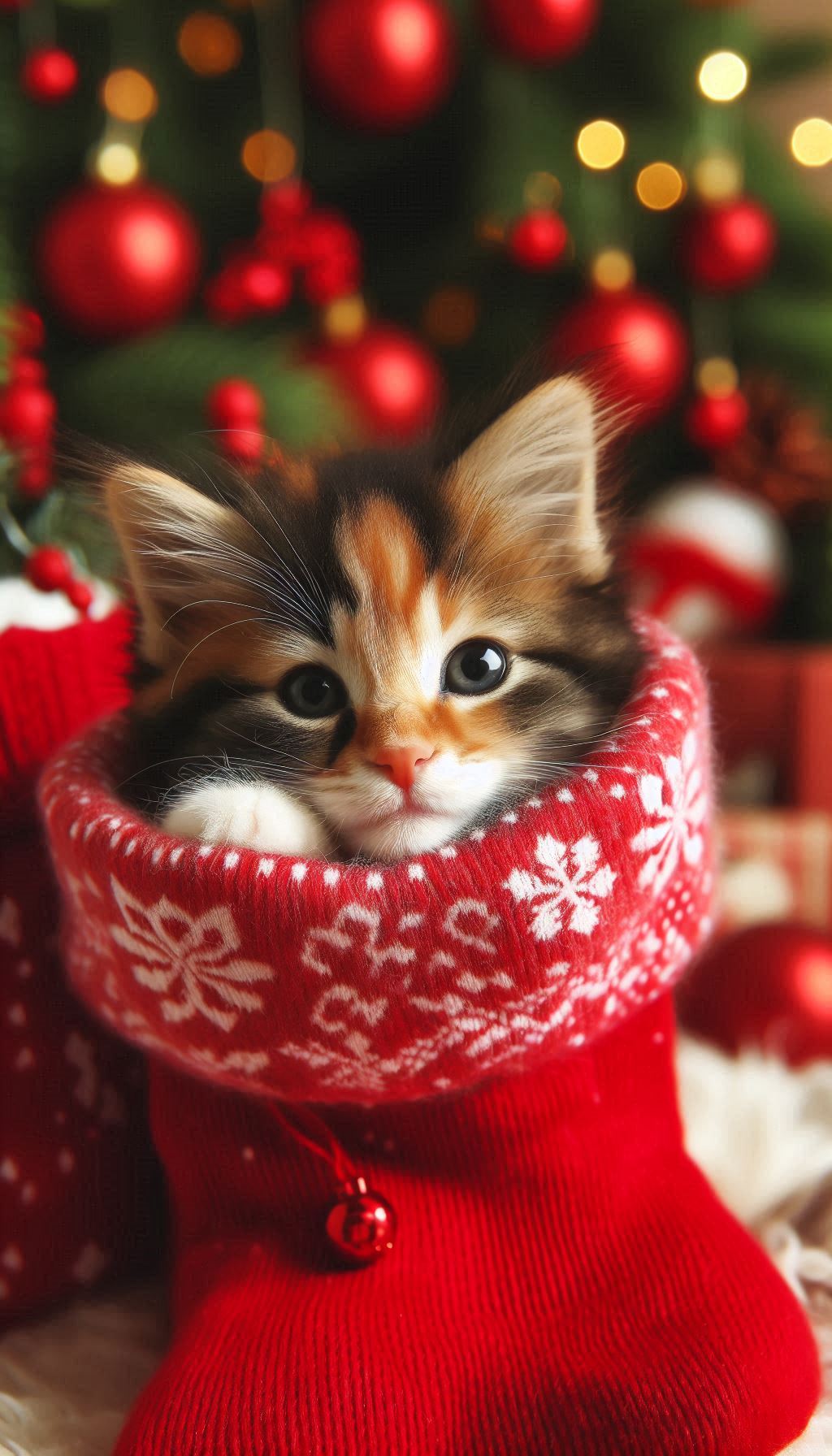 Festive Close-Up of a Kitten Snuggled in a Red Christmas Stocking