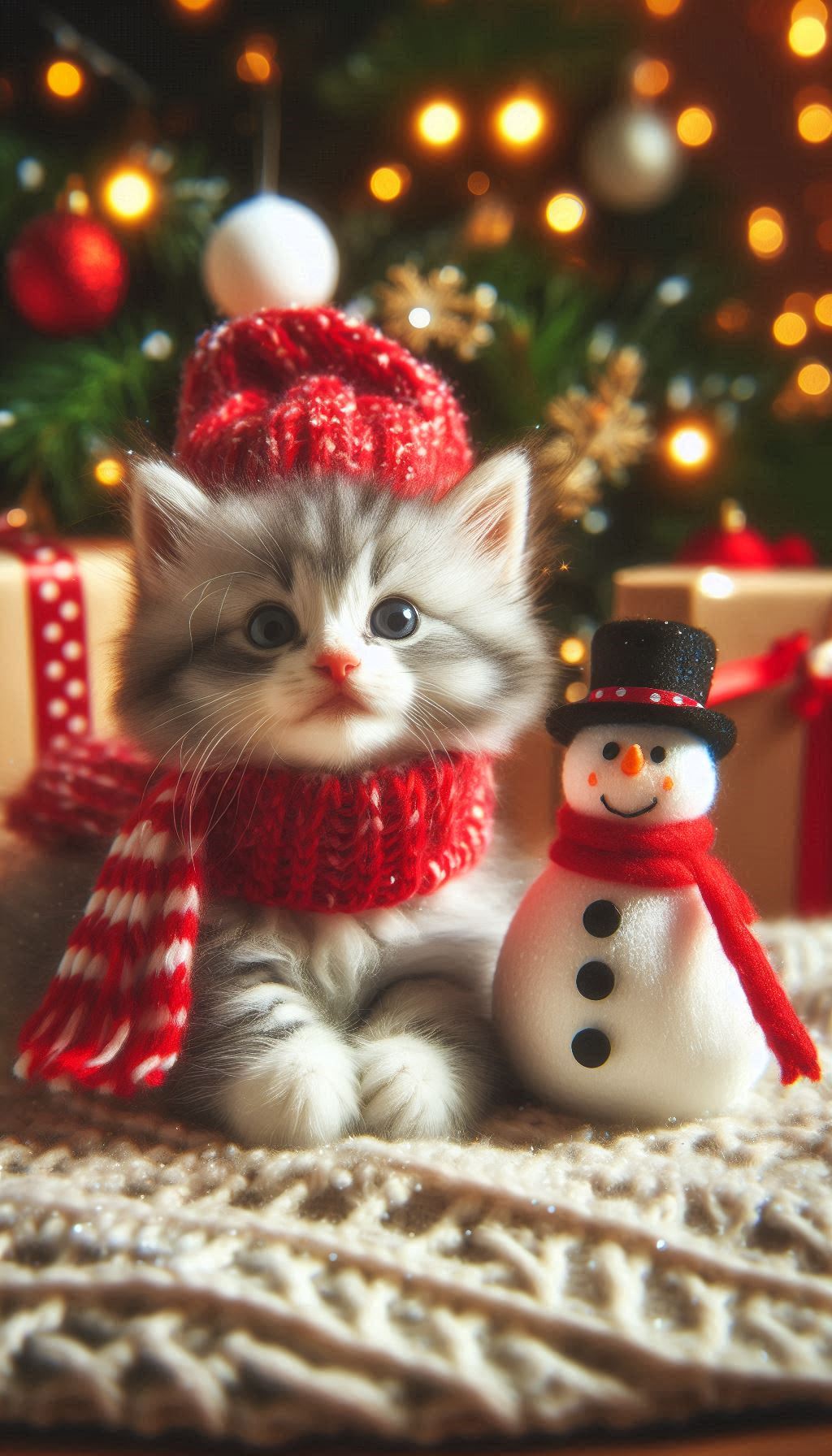 Festive Close-Up of a Kitten with a Snowman and Holiday Spirit