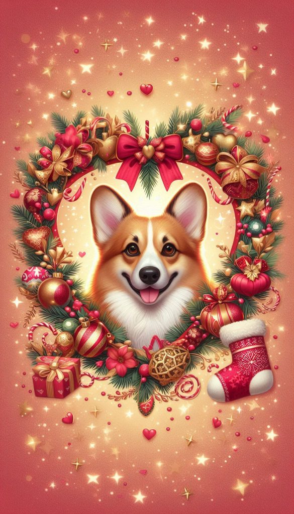 Festive Corgi in a Heart-Shaped Frame Wallpaper Design