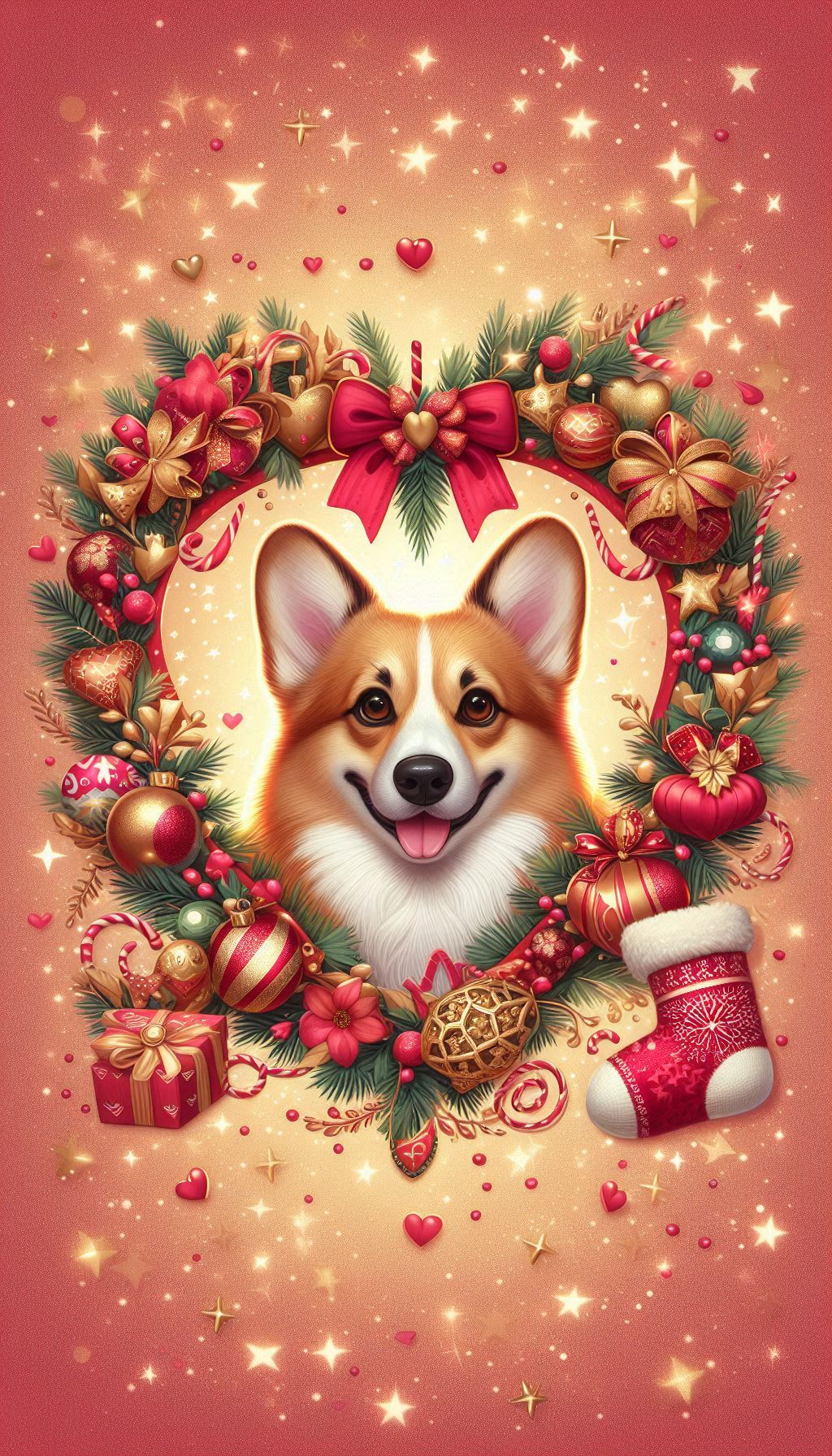 Festive Corgi in a Heart-Shaped Frame Wallpaper Design