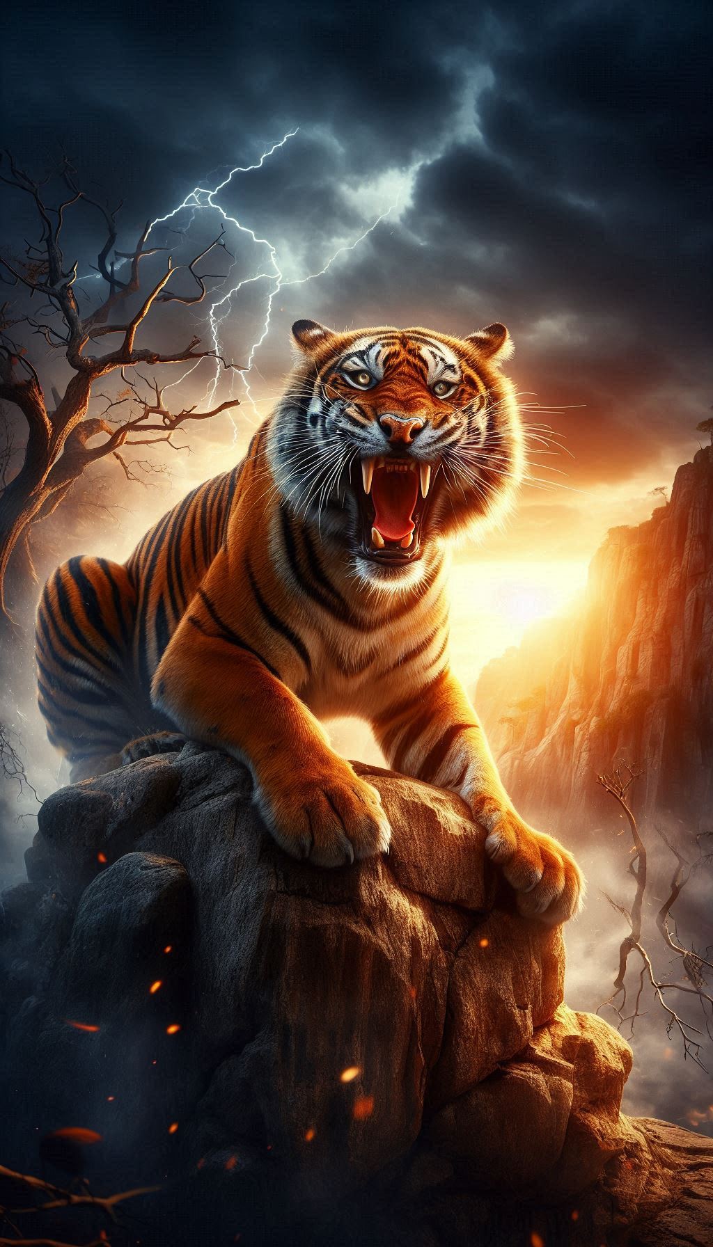 Fierce Bengal Tiger Roaring on a Rock Outcrop Wallpaper