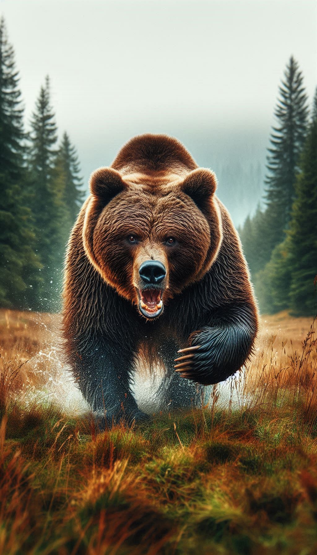 Fierce Brown Bear on the Hunt in a Wilderness Landscape