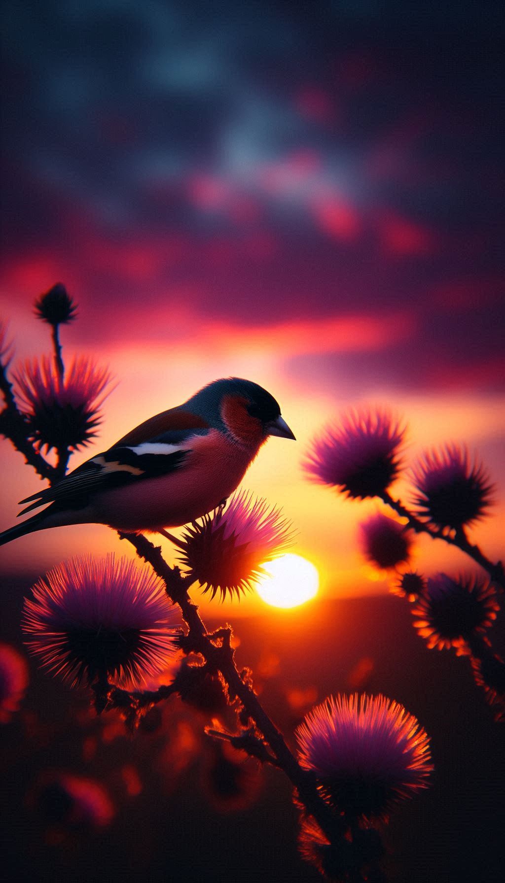 Finch silhouette images against vibrant sunset sky for your mobile