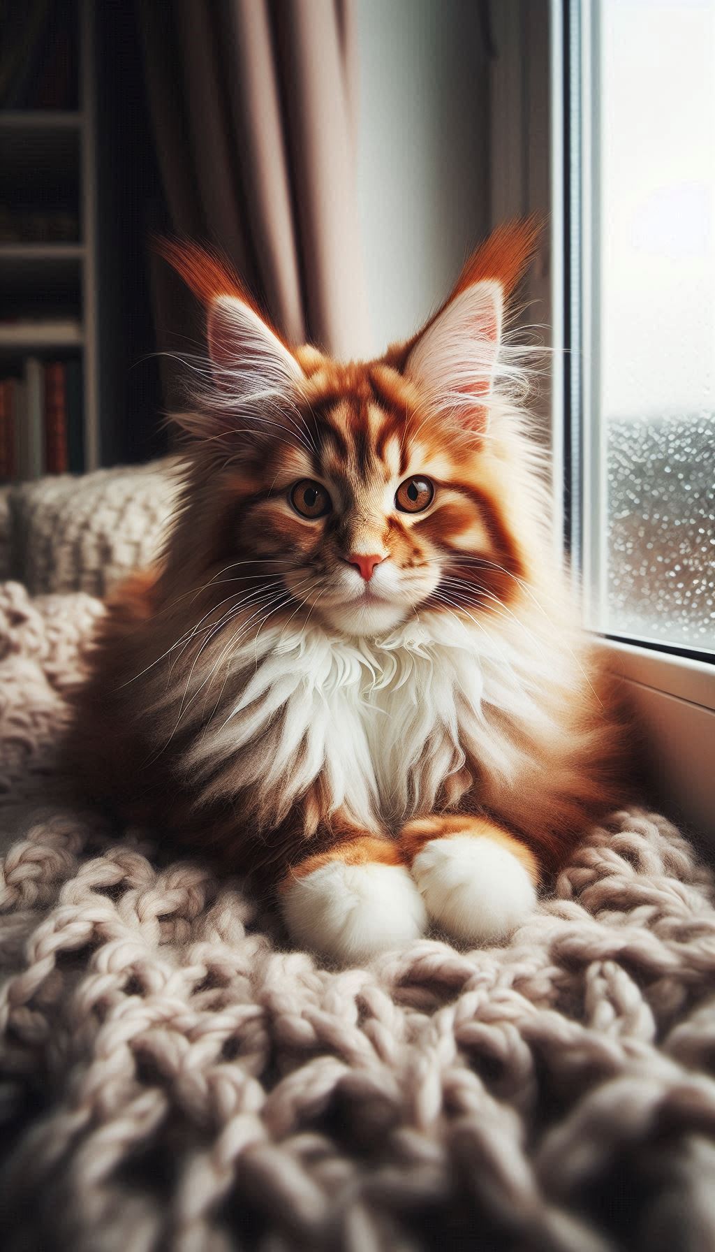 Fluffy Maine Coon Cat Sitting on a Cozy Window Sill