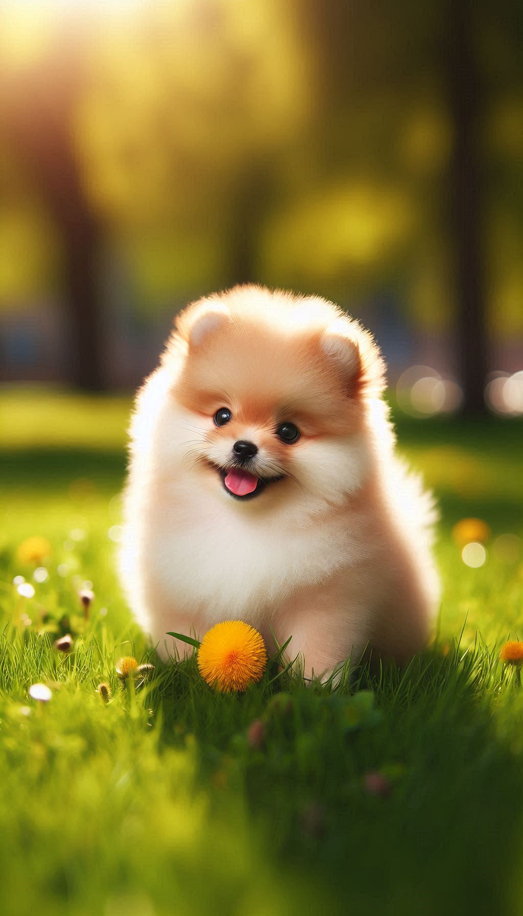 Fluffy Spitz Puppies Playing in a Sunny Park