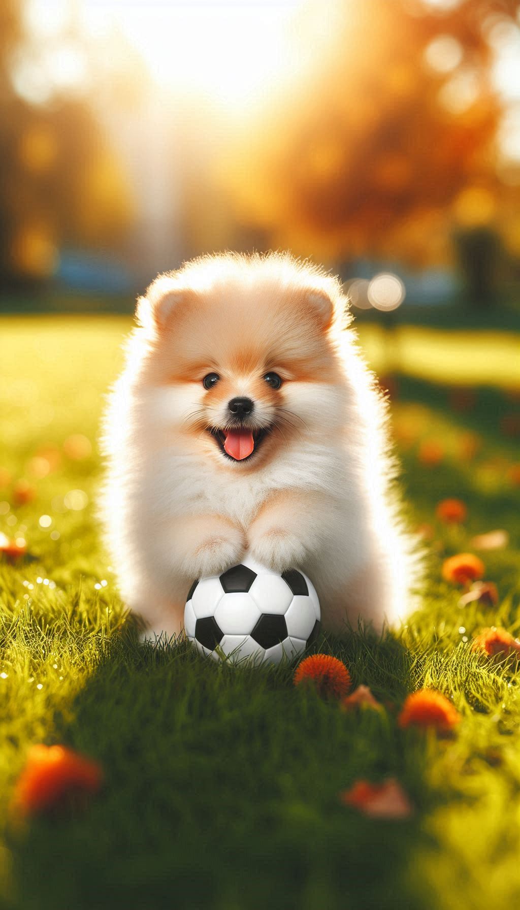 Fluffy Spitz puppy playing with a ball in a sunny park background for mobile