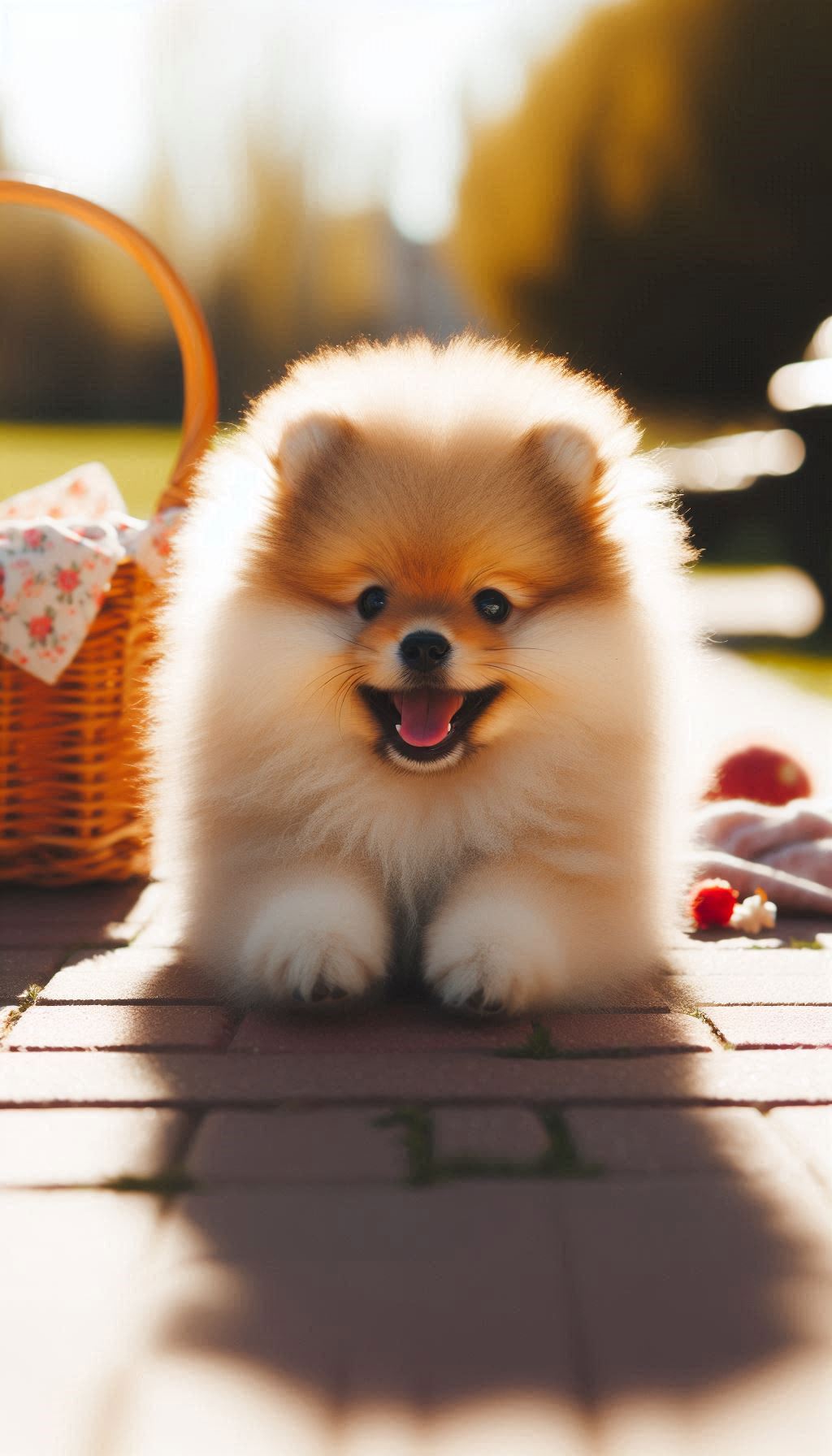 Fluffy Spitz puppy sitting in a sunny park wallpaper for iPhone and Android