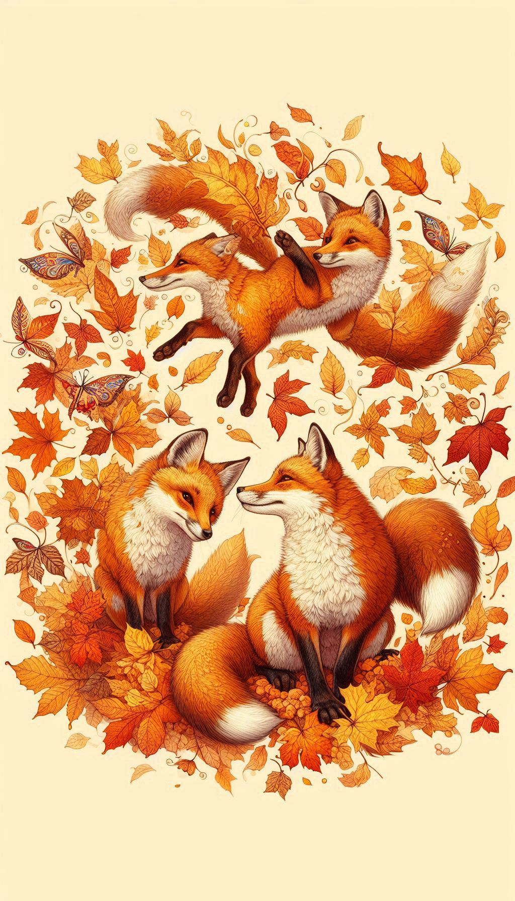 Foxes Frolicking in Autumn Leaves Drawing Wallpaper