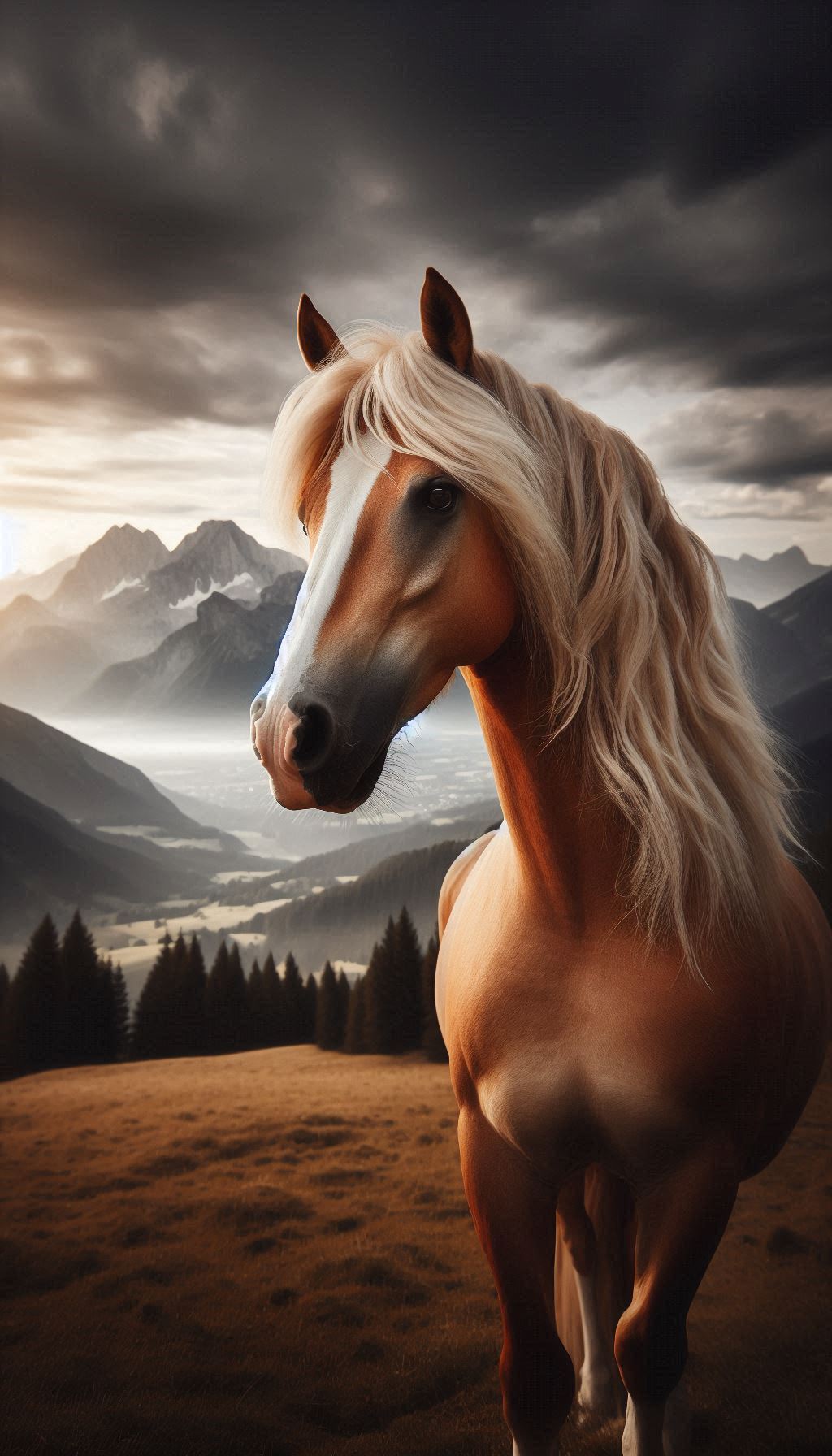 Free Digital Background Majestic Palomino Horse with Mountains in the Background