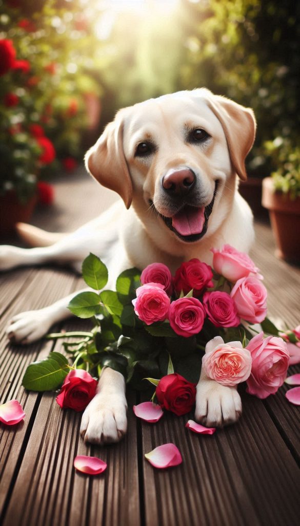 a dog lying on a wood surface with flowers