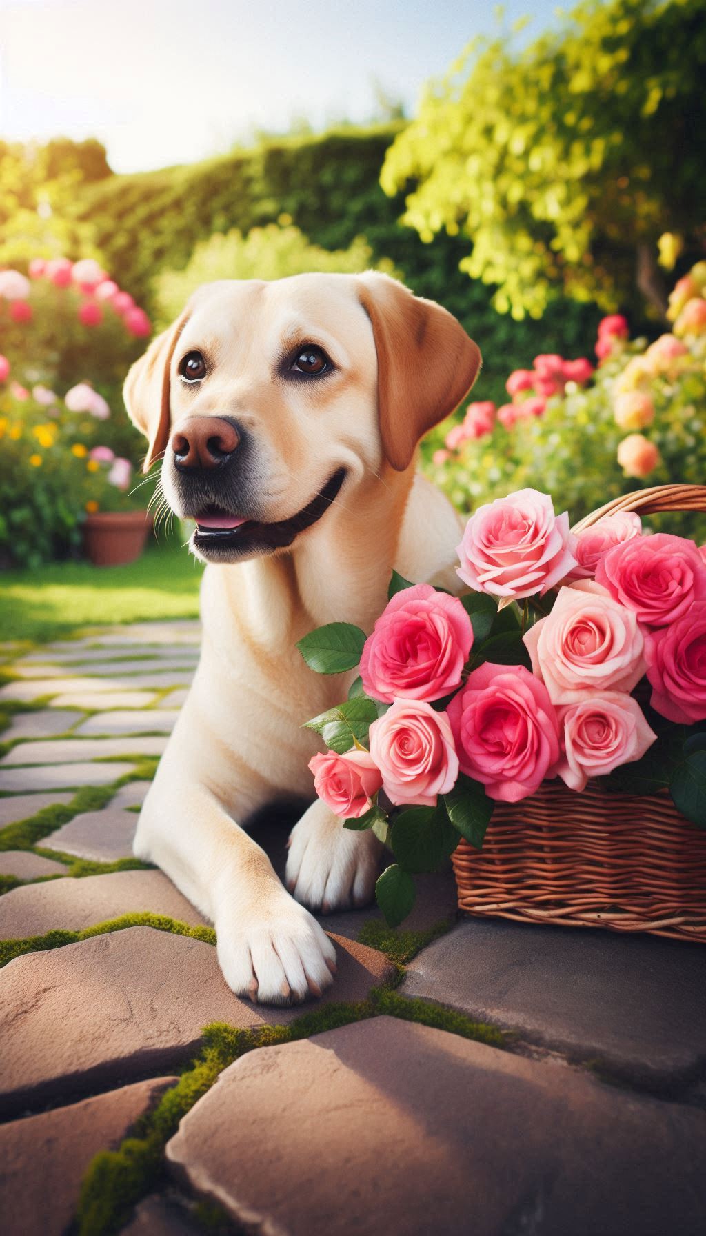Friendly Labrador with Roses in a Playful Outdoor Scene