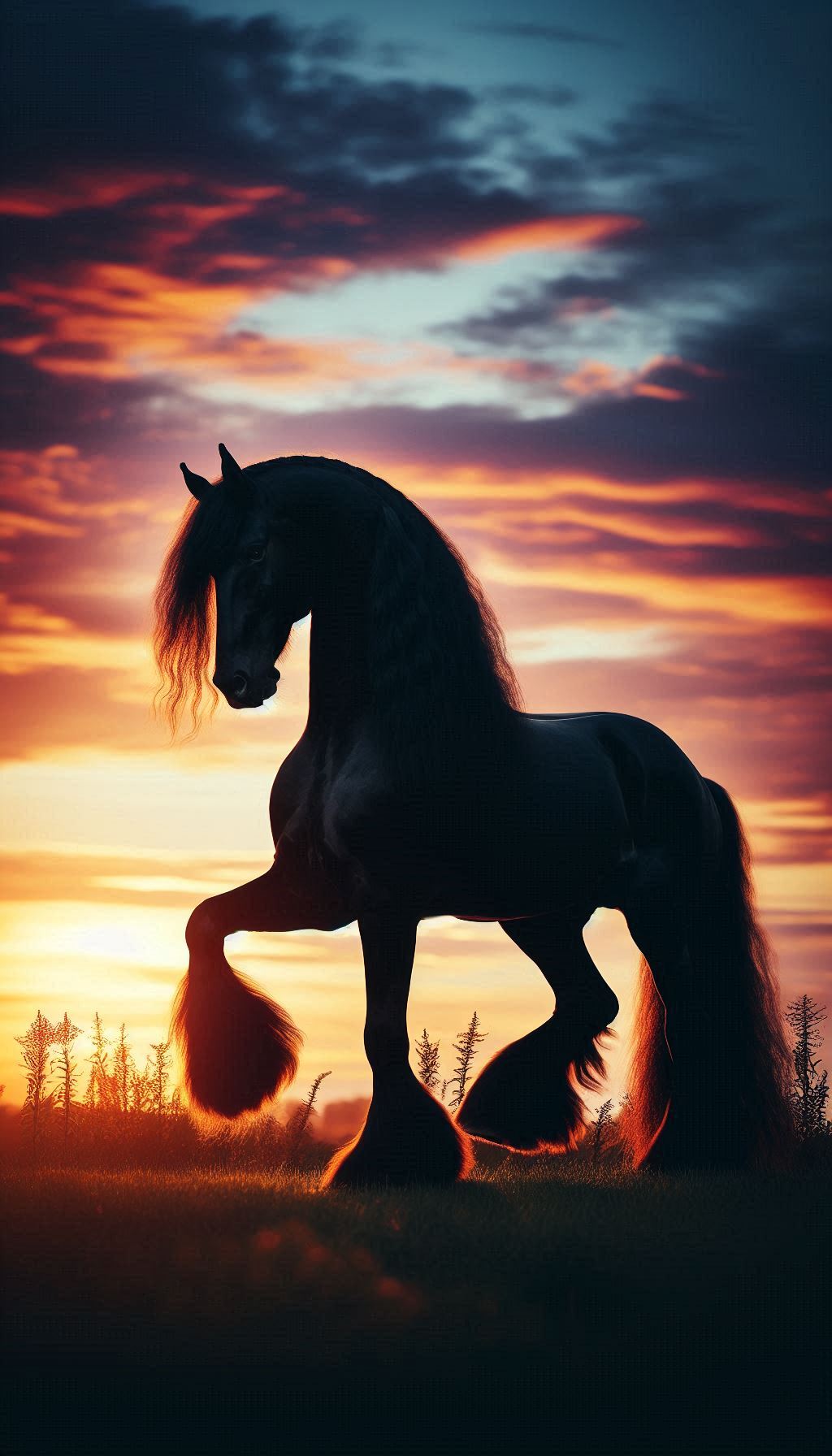 Friesian Horse Silhouette Against Sunset Background for Android and iPhone
