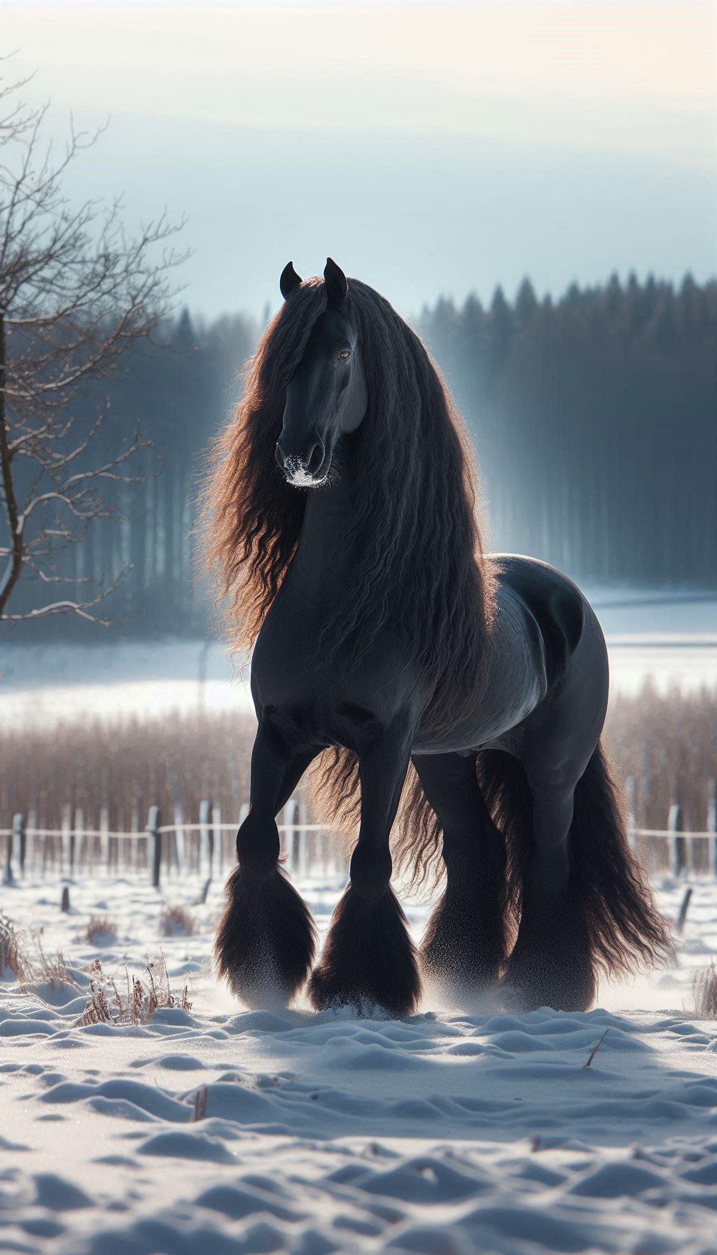 Friesian Horse Standing Proudly in a Snow-Covered Landscape