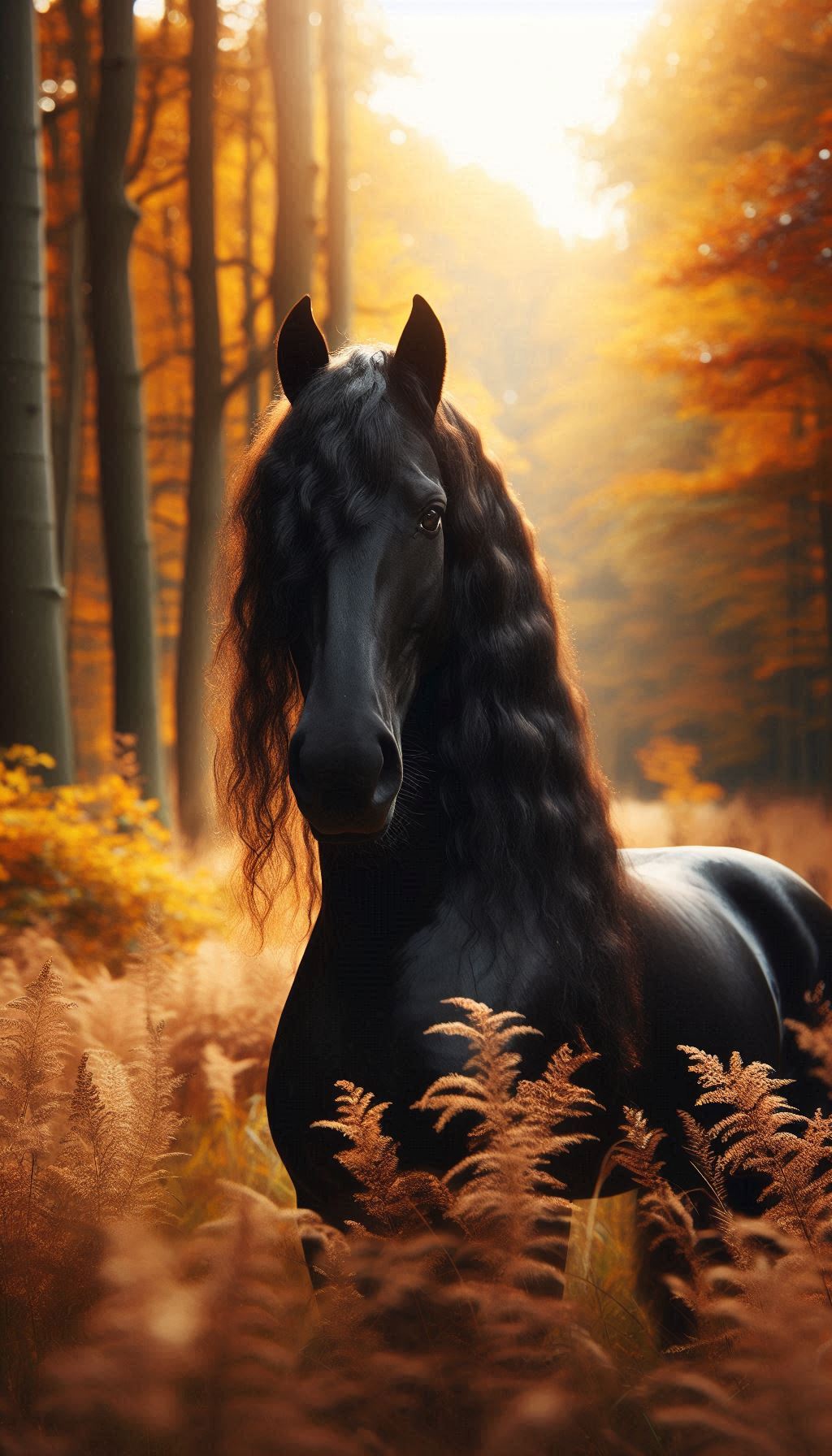 Friesian Horse in a Golden Autumn Forest