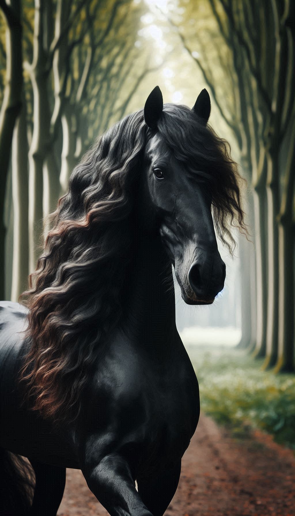 Friesian Horse with Flowing Mane in a Serene Forest Setting