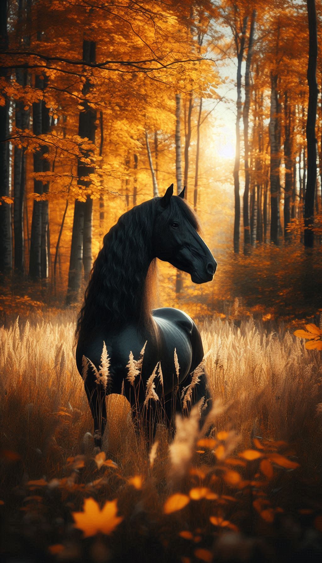 Friesian horse mobile wallpaper in a golden autumn forest