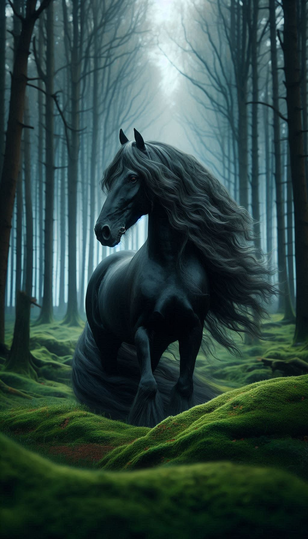 Friesian horse with waving mane in tranquil forest setting picture for your mobile