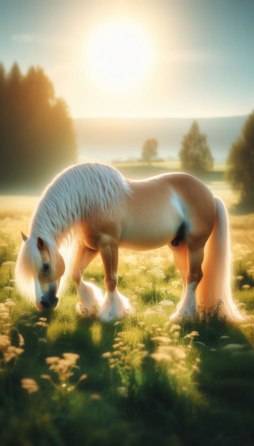 Furry Palomino horse grazing in a sunlit meadow wallpaper for Android
