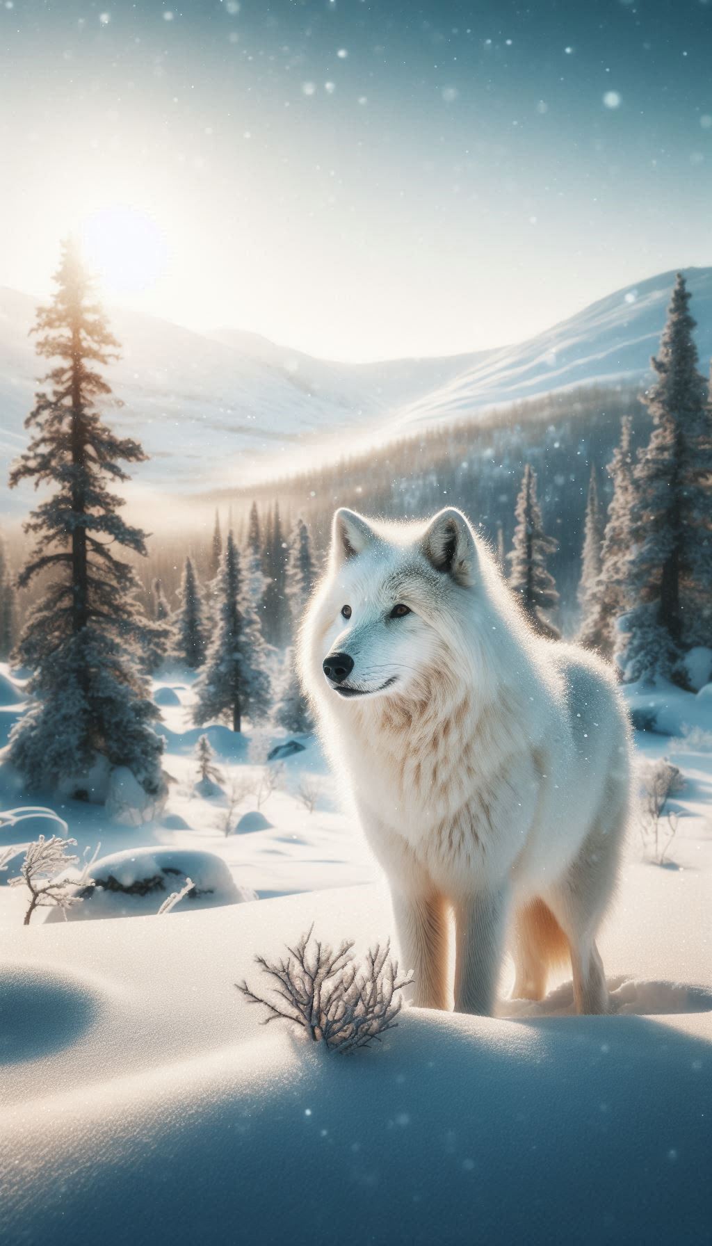 Furry arctic wolf in snowy landscape winter wonderland background for android phone