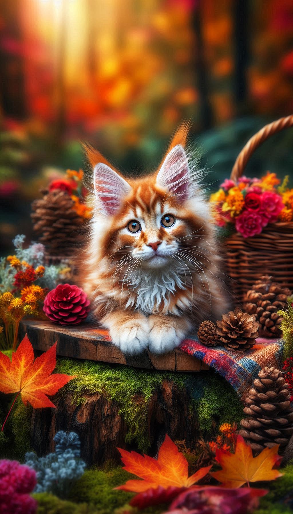 Gattini de Maine Coon giocoxi che esploran sfondi da foresta d'ötunno coloræ pe mòbile