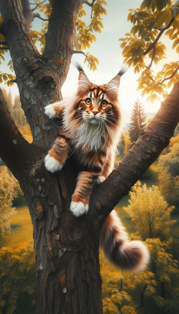 Gatto coraggioso Maine Coon ch'o s'assetta commodamente in sce un erbo erto Sfondo pe utenti de iPhone